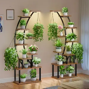 POZILAN Plant Stand Indoor with Grow Lights, 9 Tiered Metal Plant Shelf, 64" Tall Plant Stand for Indoor Plants Multiple, Large Plant Rack Display Shelves, Curved Plant Holder for Living Room, Patio Flower Decorative Modern Home