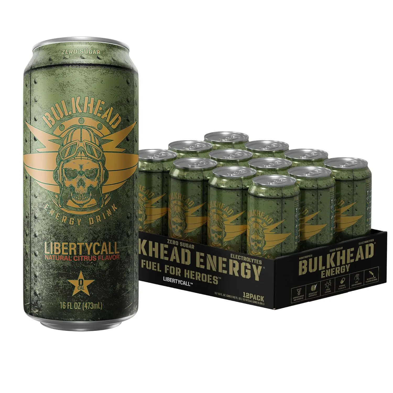 LIBERTYCALL Caffeinated Energy Drink Beverage - 16 fl oz Natural Citrus Flavor, 12-Pack, Sparkling, Sucralose, Multivitamins, Caffeinated Drink Mix