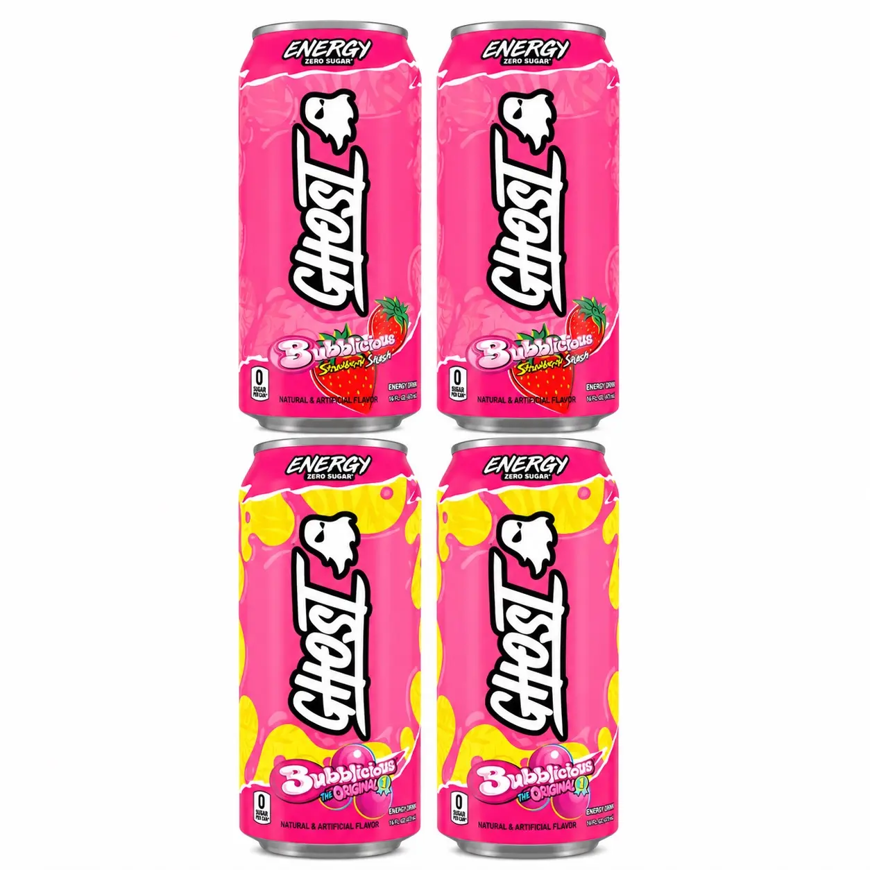Ghost Energy Caffeinated Energy Beverage Bubblicious Variety Pack - 4-Pack (2 Strawberry Splash, 2 Original)