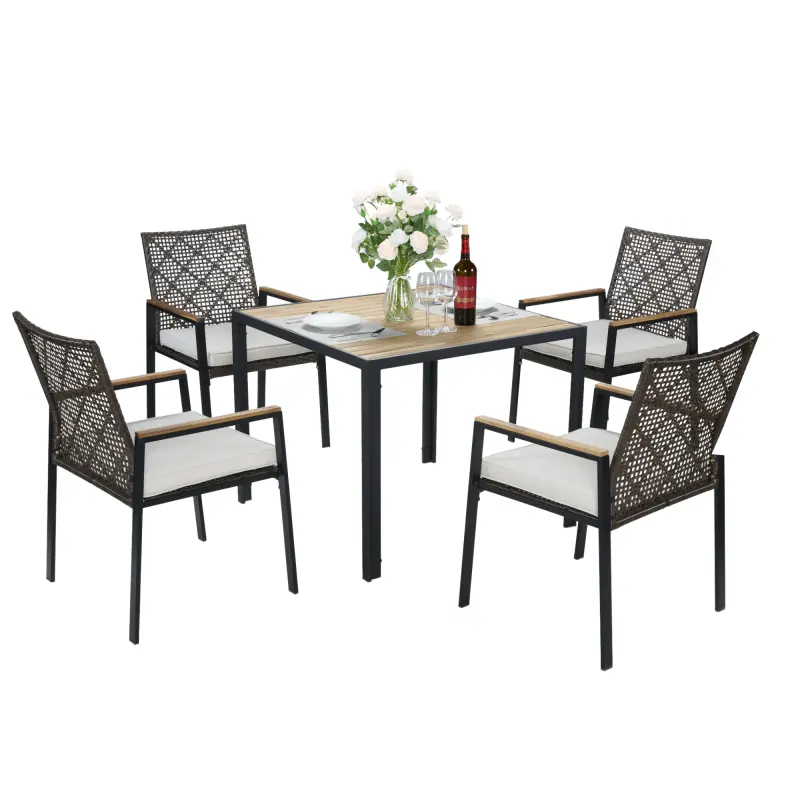 5-Piece Patio Dining Table Sets, All Weather Patio Conversation Set Acacia Wood Table Top with Umbrella Hole, Rattan Outdoor