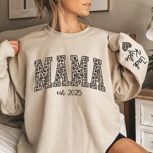 [custom in description] Custom Leopard Mama Sweatshirt With Kid Name On Sleeve, Personalized Mom Sweatshirt, Gift For Mom, Mothers Day Gift,Mama Est 2025 Sweatshirt