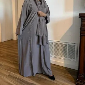 Maya Closed Abaya in Soft Grey with Embellished Details for Elegance and Comfort