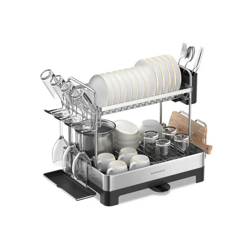 SONGMICSHOME Stainless Steel Countertop Dishes Rack - Rectangle Kitchen Organizer with Rotatable-Extendable Spout, Cup Holder Draining Boards, Sink-Direct Drain, Stainless Steel Resists Daily Wear