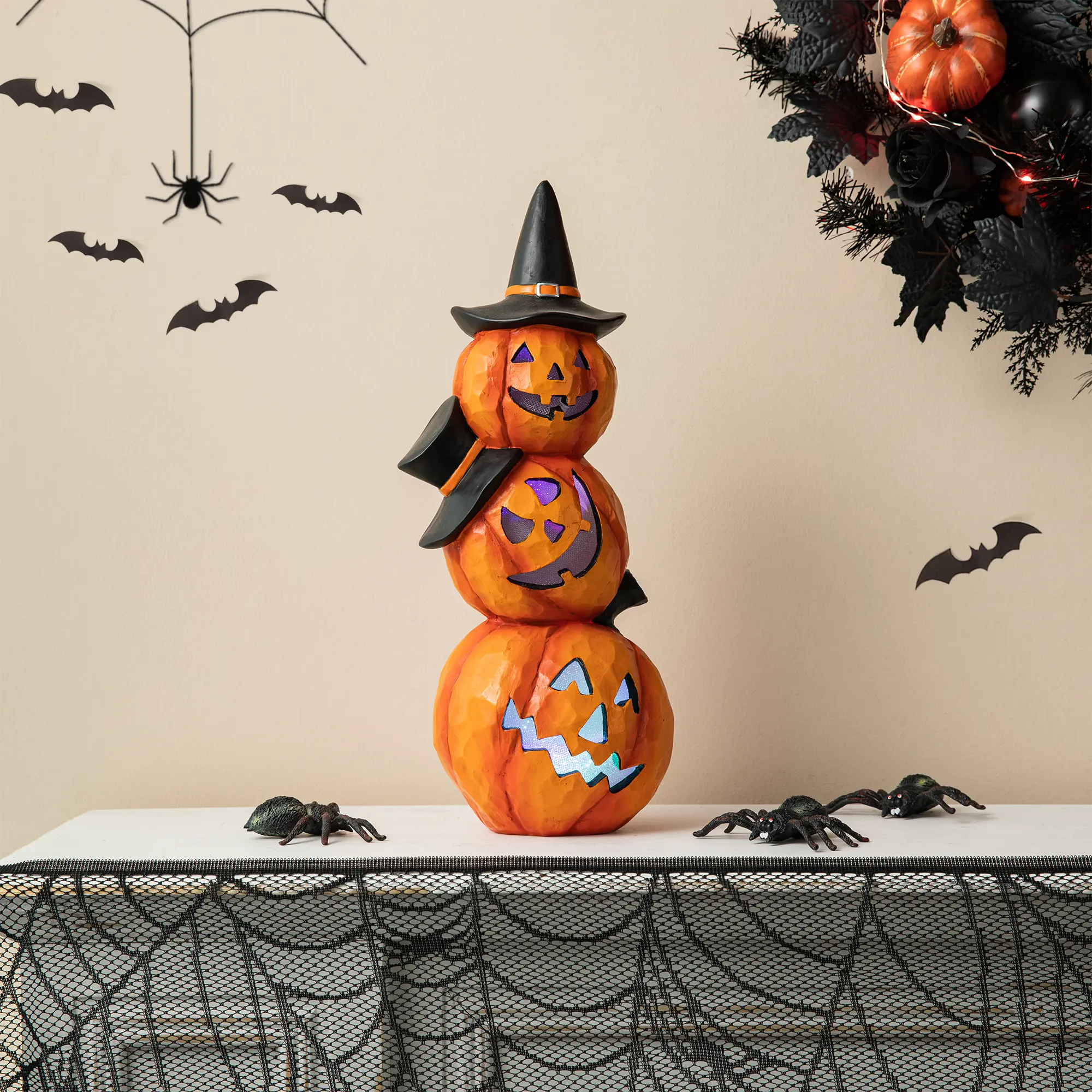 Glitzhome 14.25"H Halloween Lighted Stacked Resin Pumpkin Table Decor