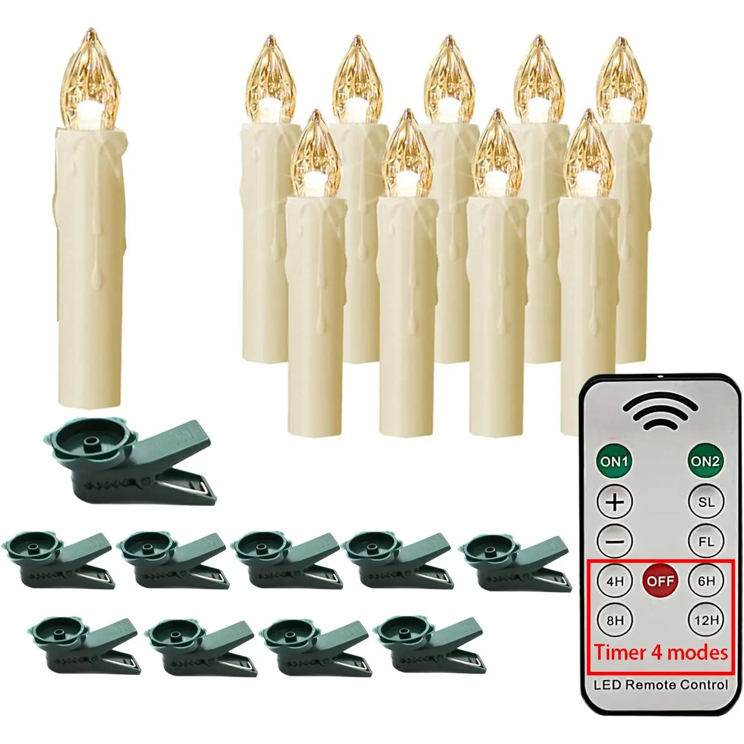 Modern LED Flameless Taper Candles - 10pcs per Pack Festive Decorations, Synthetic, Dimmable Flickering Light, Remote Control Timer-Operated, Window Clips, Energy Efficient, 180 Hours Runtime for Christmas Tree, Candelabra