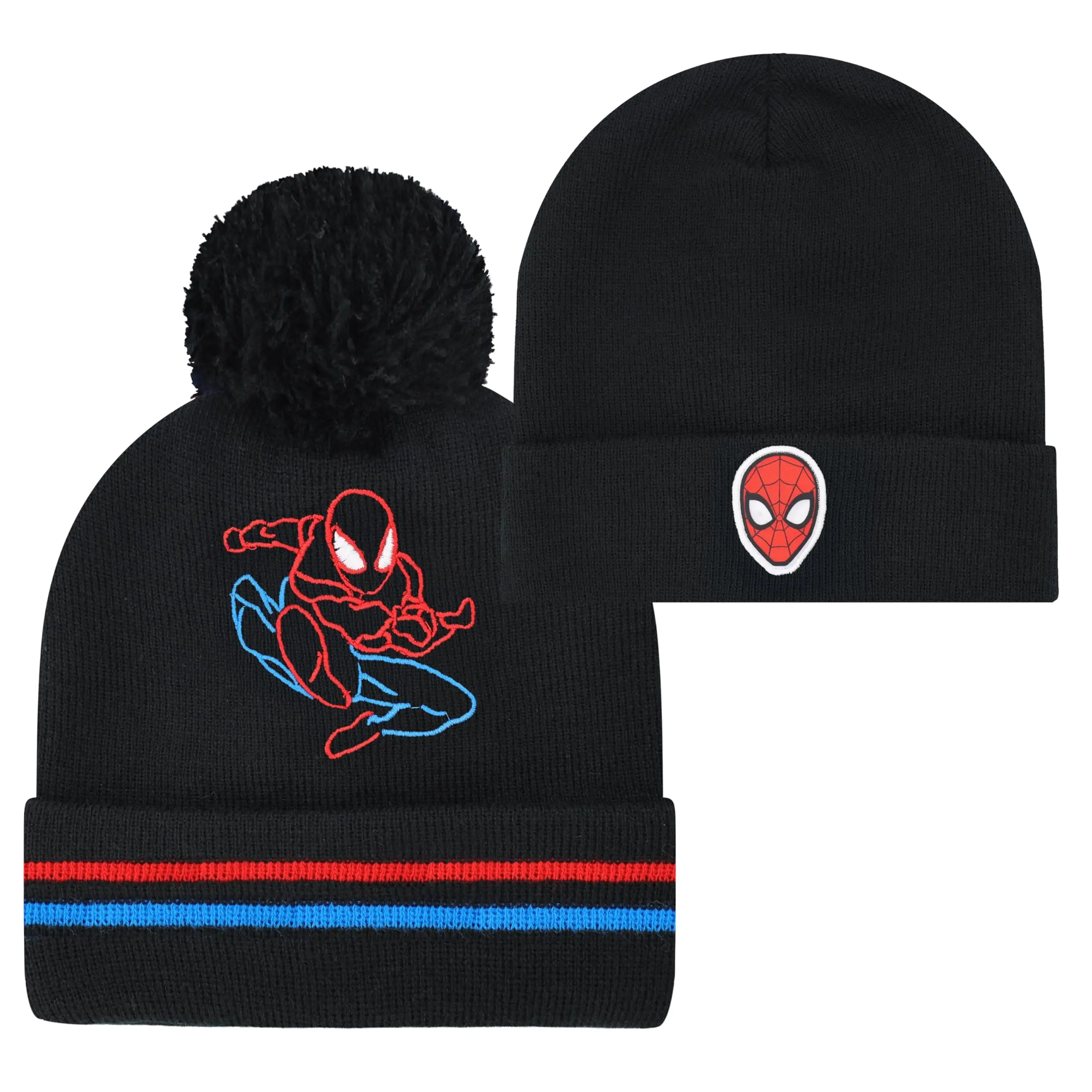 Marvel Boys' 2-Pack Black Acrylic Knit Winter Beanies, Spiderman Superhero Kids' Hats, 7-8 Years (Ages 7+)