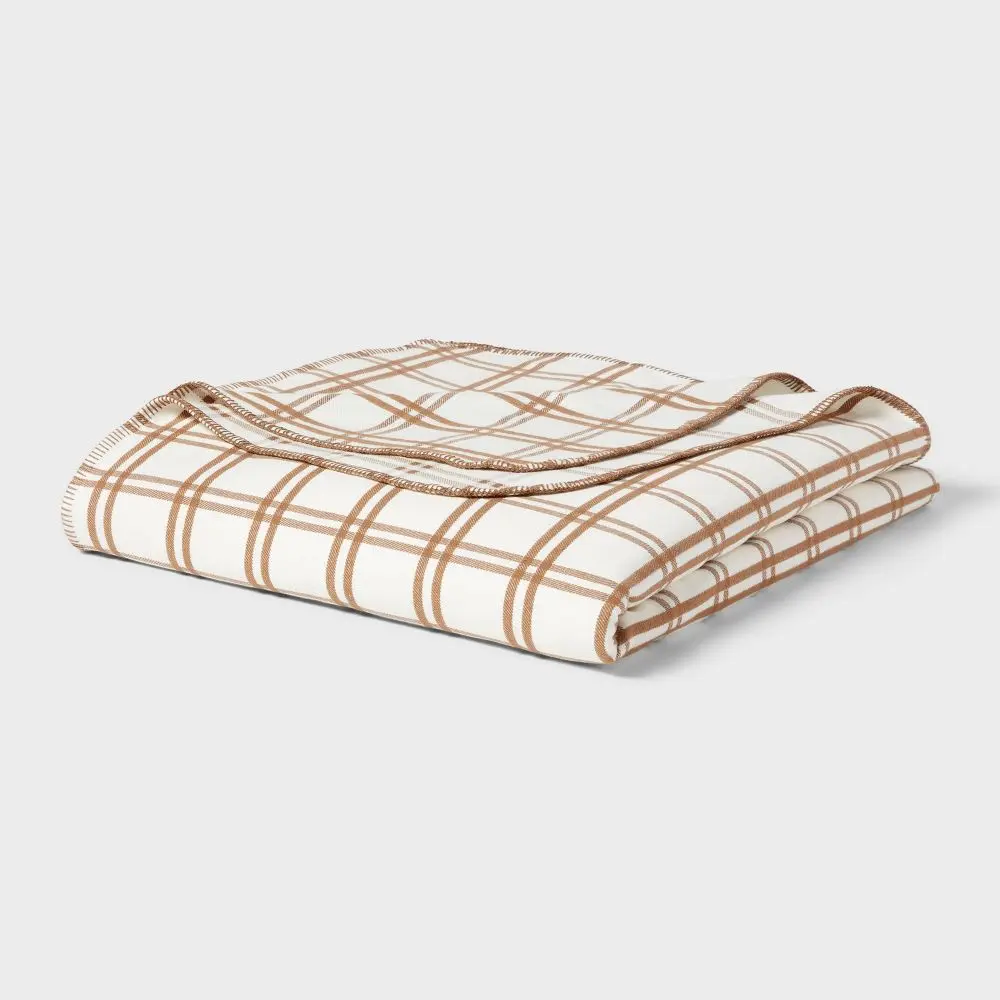 Threshold King Brushed Cotton Blanket, Classic Ivory-Brown Plaid, Neutral Tones, Bedroom Decor Home Goods for Indoor Use