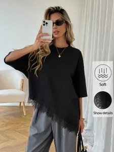 Elegant Knitted Round Neck Short Sleeve Top, Loose Fit Asymmetrical Lace Trim, Perfect for Daily Commute and Campus Wear, Womenswear