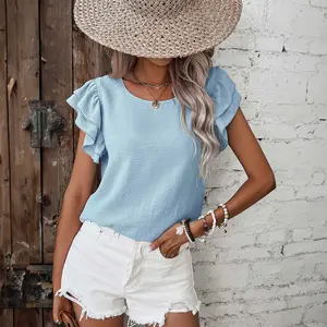 Mist Blue Solid Color Ruffled Short Sleeve Casual Blouse