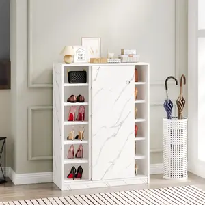 Marble White Sliding Door Shoe Cabinet – Large Capacity 6 Layers Storage for 30+ Pairs, Entryway Foyer Hallway Space-Saving Organizer with Adjustable Shelves, White Marble Finish, Minimalist Design, Home Organization
