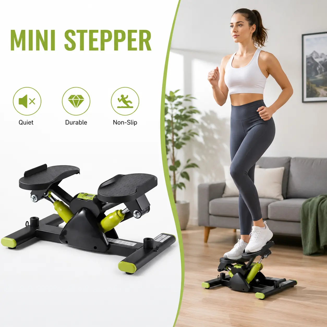Home Fitness Stepper, Portable Mute Mini Exercise Stepper with Resistance Bands, LCD Monitor for Apartment Home Gym Use