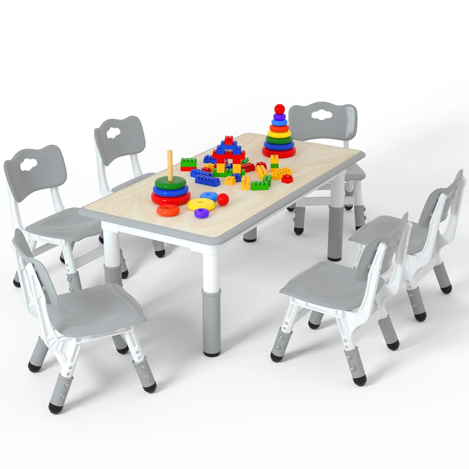 Kids Table and 6 Chairs Set，Height Adjustable Children Table & Chair，Toddlers Study Multi-Activity Table with 47.2"x23.6" Wipe-Clean Desktop，for Classrooms, Homes & Daycares,  Grey