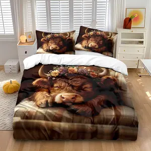 3-piece Highland Cow-themed quilt set (1 quilt cover +2 pillowcases, no core) Cloth sleeping face with garland Highland Cow-plaid elements are soft and comfortable Decorative Bedding Set, suitable for use in all rooms Versatile Use