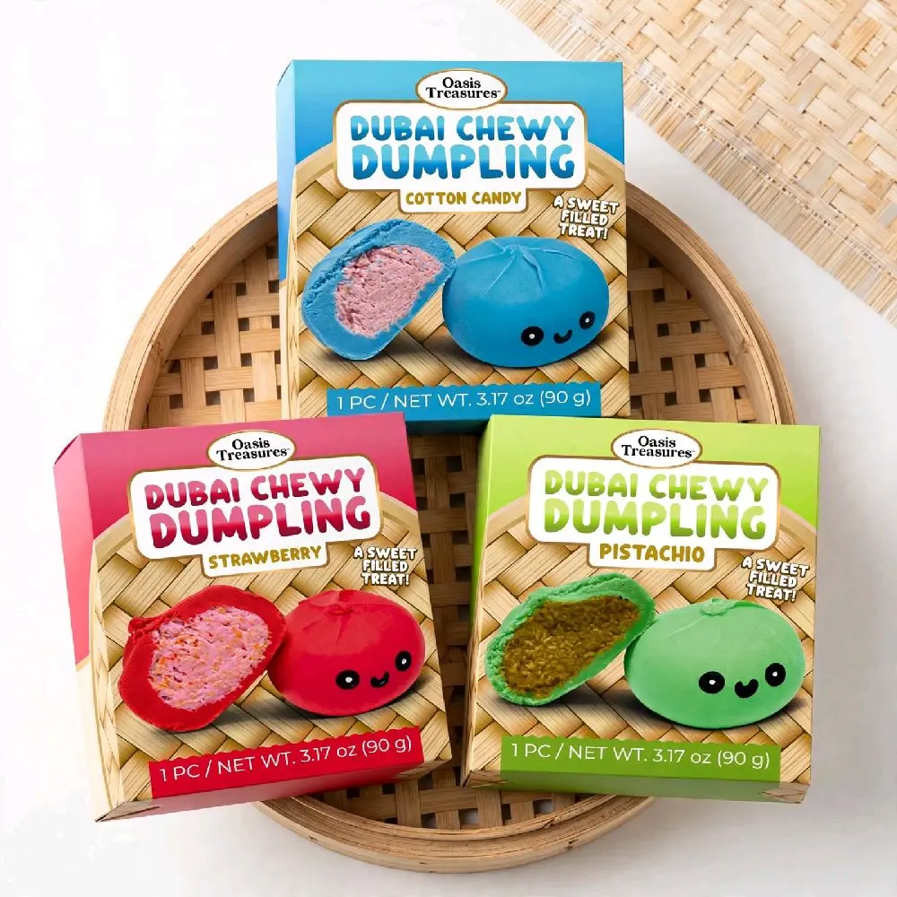 Viral Dubai Chewy Dumpling Mochi - Strawberry, Pistachio, Cotton Candy Sweet-Filled Treats, Party Snacks, Novelty Candy, Resealable Bag Assorted Packaged Snack Foods