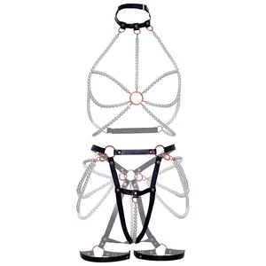 Women's 2-Piece Sensual Fantasy Feminine Crotchless Lingerie Nightwear Set - Leg Avenue Sweet Taboo Harness & Panty, Faux Pearl Halter Top, Vegan Leather Butt Harness, Soft Detachable Underwear, Freak Gifts for Her