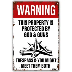 Warning This Property is Protected By God & Guns Vintage Metal Tin Sign,No Trespassing Yard Sign,Gun Signs for Home Garage Office Bar Cafe Pub Man Cave Gifts 12 x 8 Inch Decor Room Wall
