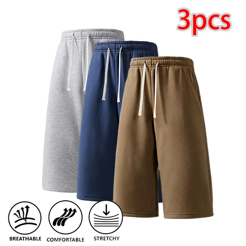 Mens 3pcs Street Style Wide Leg Baggy Knee Sweat Shorts - Plain Menswear, Soft, Breathable, Stretch, Drawstring, for Casual Gym, Everyday Wear