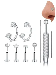 20G Cz Horseshoe Nostril Nose Ring, Made of 316L Stainless Steel, Plug-in Threadless Lip Stud, Push-In Flat Back Stud Nose Ring, Rhinestone Decorative Nose Pads Tragus Spiral Piercing Jewelry Body Piercing Jewelry