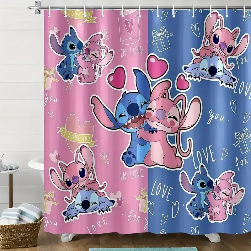Disney Classic Stitch Quickdry Polyester Shower Curtain with Hooks, Bathroom Divider & Home Decoration, Multiple Sizes, Compatible with All Bathroom Rods, Quickdry Fabric, Love