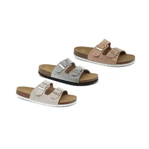 Women's Double Buckle Slip On Sandal Slide Rhinestone Cork Footbed Slide Open Toe Round Toe Slip On Summer Shoe Women's Fashion Shoe Comfort Sandal