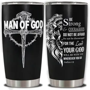 20oz Stainless Steel Portable Vacuum Flask Mug with Lid - Christian Gift for Men, Lion of Judah & Joshua 1:9 Bible Verse Coffee Tumbler for Dad