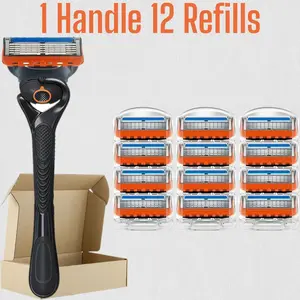 Men's Razor Set, Adjustable Handle, 12/24/36/48 Replaceable Heads, 5-Blade, Waterproof, Rustproof, Sharp Blades, Durable, Single Item