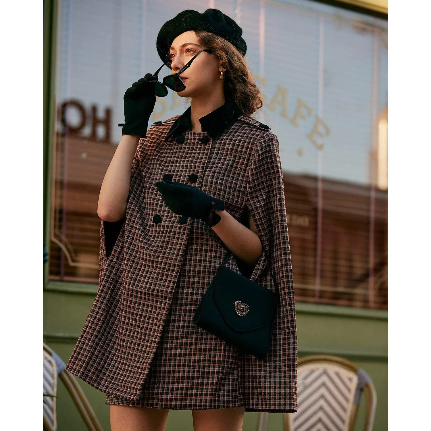 RIHOAS Lady's Vintage Plaid Cape Coat with Lapel, Comfortable Lightweight Double-Breasted Outerwear in a Cotton Blend, Casual, Regular Fit, Eco-Friendly, Plaid Print, Women