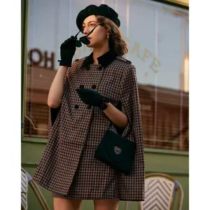 Rihoas Women's Double-breasted Plaid Cape Coat - Lightweight, Soft Polyester-Spandex Casual Outerwear for Ladies, with Cotton Fabric Tops, Comfortable Fit Lady Outer Layer