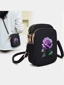Gold Chain Crossbody Bag, Durable Nylon Fabric, Adjustable Shoulder Strap, Rose Floral Print, Fashion Mini Handbag for Women