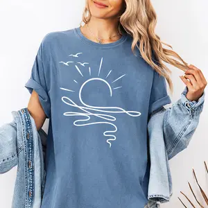 Sun Ocean Shirt, Linear Graphic Boho Summer T Shirt, Trendy Beach Comfort Colors Tee, Cute Minimalist Summer T-Shirt