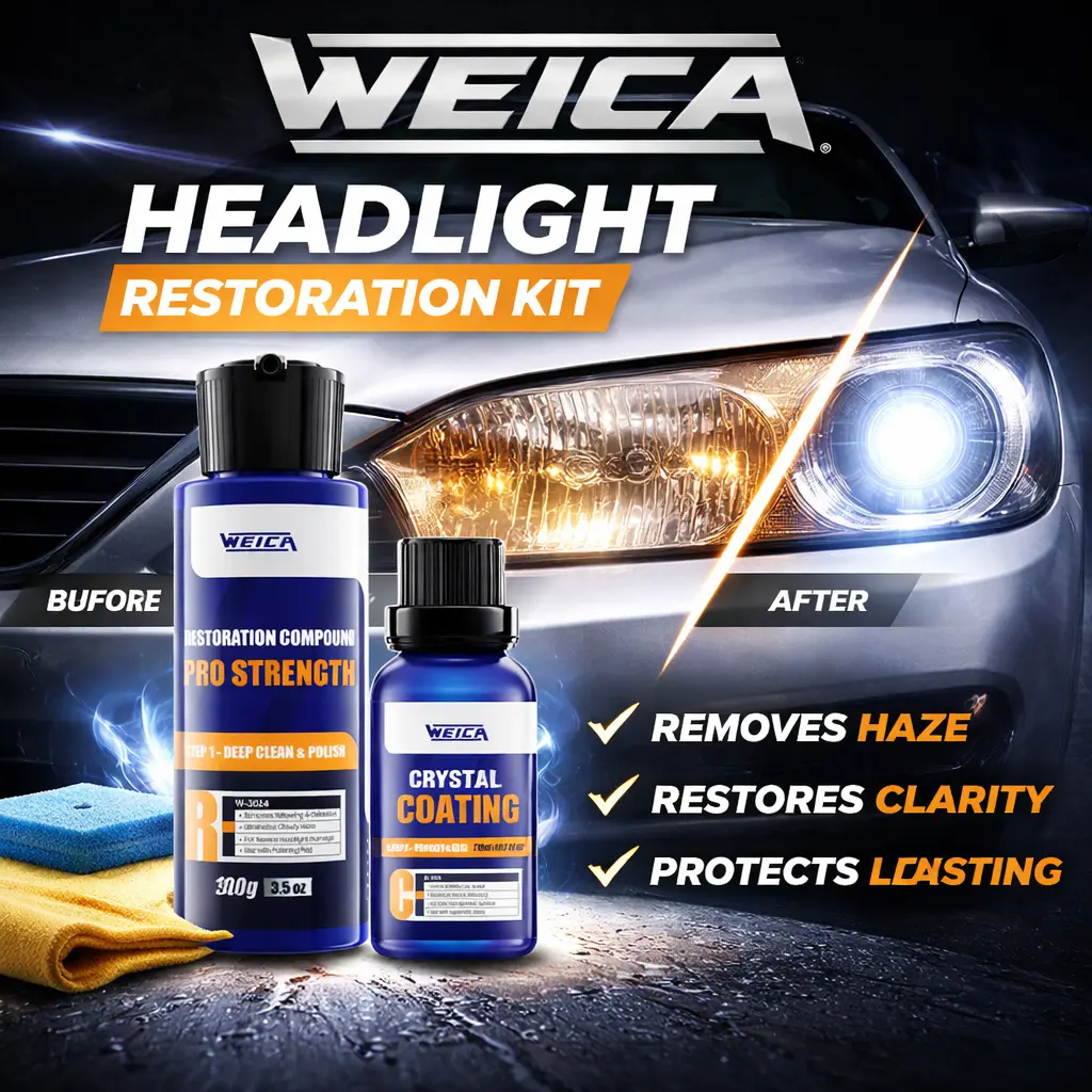 WEICA Headlight Polishing Cleaner Kit - High-Performance Lens Restoration Spray - Clears Cloudy Yellow Headlights in Minutes - Professional Grade UV Shield & Oxidation Remover - Improves Night Vision Visibility & Car Safety - No Tools Required