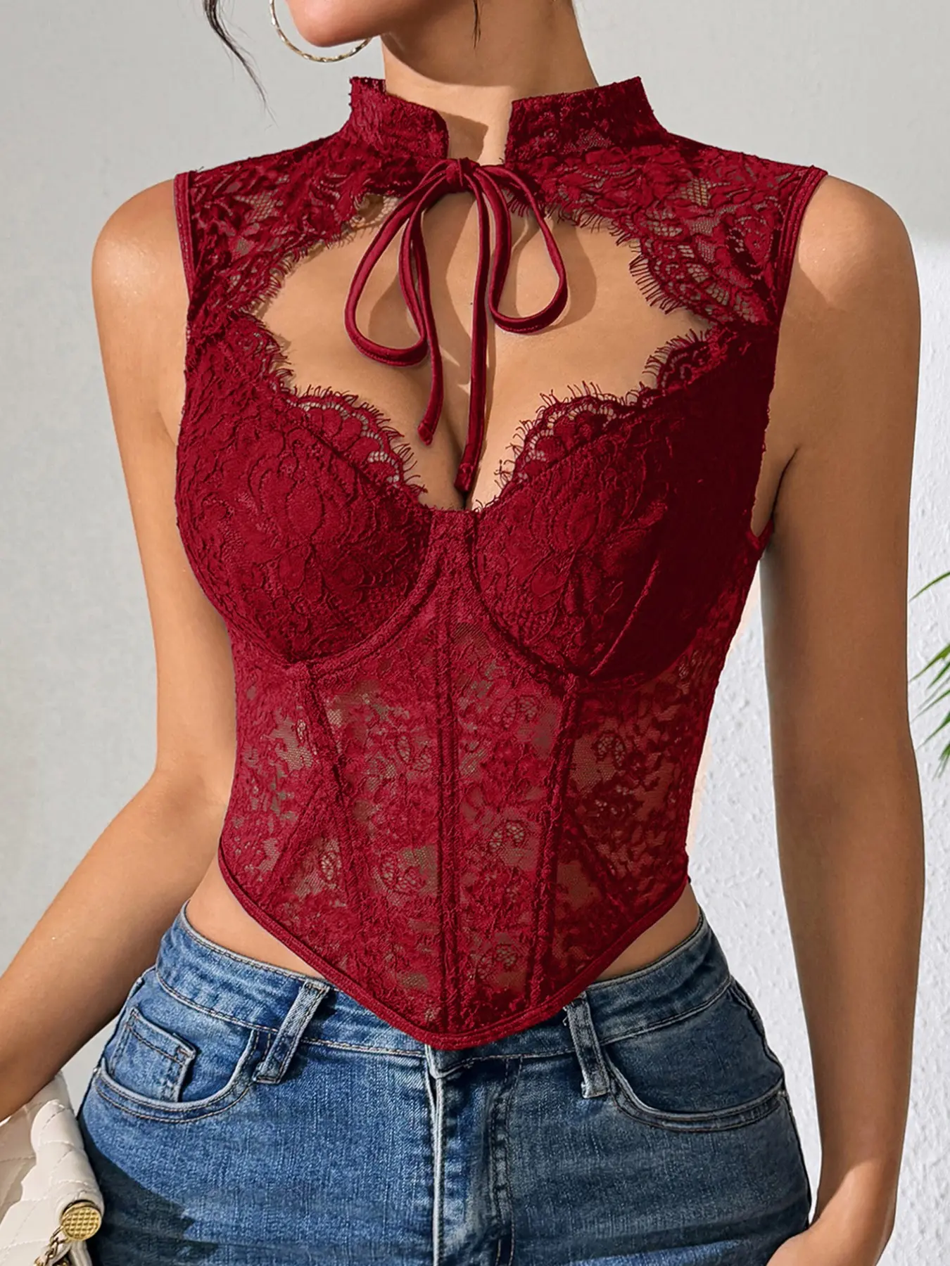 New Fashion Sexy Tie Neck Corset Structure Lace Contour Waist Tank Top, Bodycon Fit, Sheer Sleeveless Top, Corset Tanks