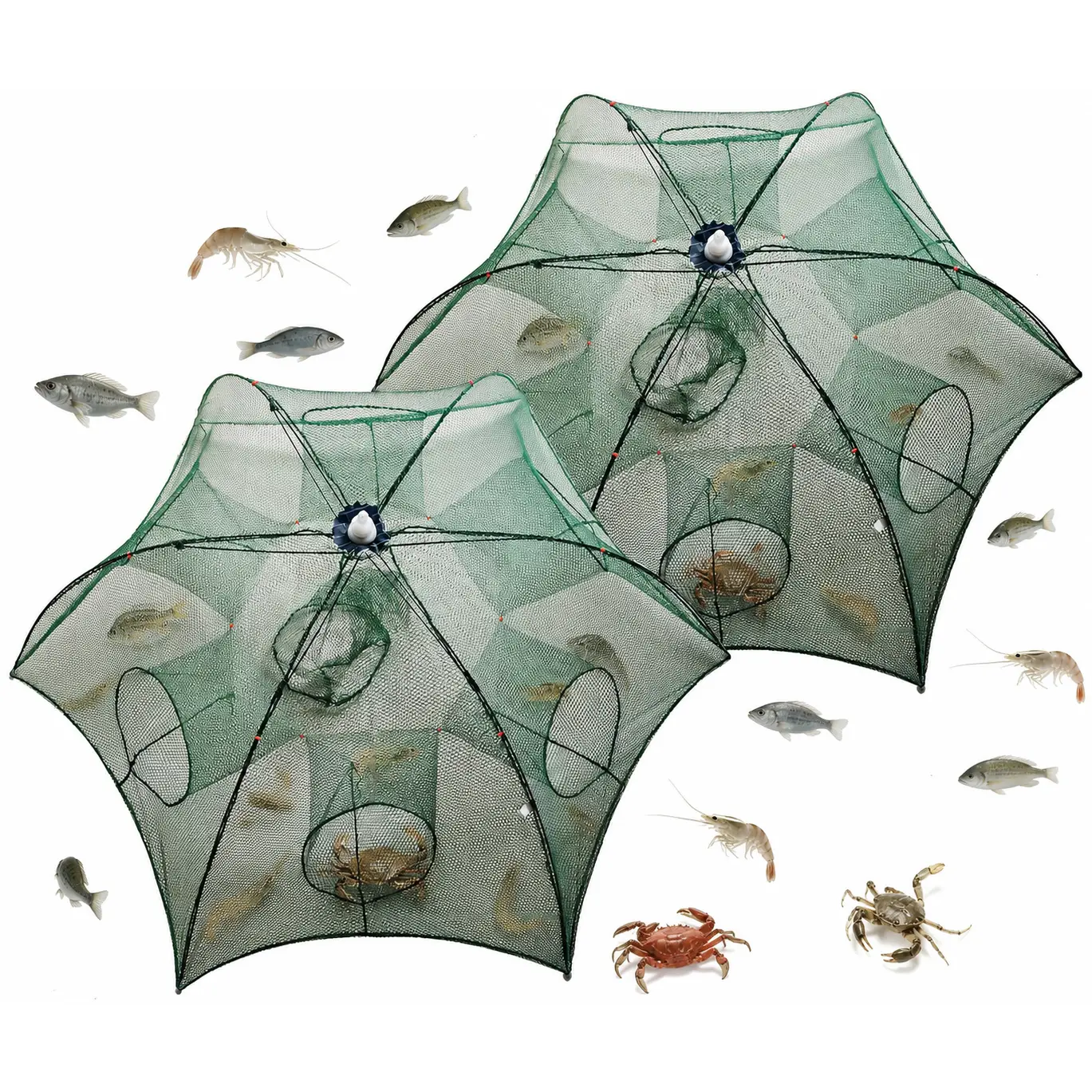 Home Supplies 2pc Collapsible Fishing Nets - Tear-Resistant Nylon Mesh 6-Hole Hexagon Fish & Crab Trap, Portable Durable Gear with Handle, Hooks & Accessories, Umbrella-Style Storage, Reusable, Ideal Gift, Collapsible Design, Efficient Fishing