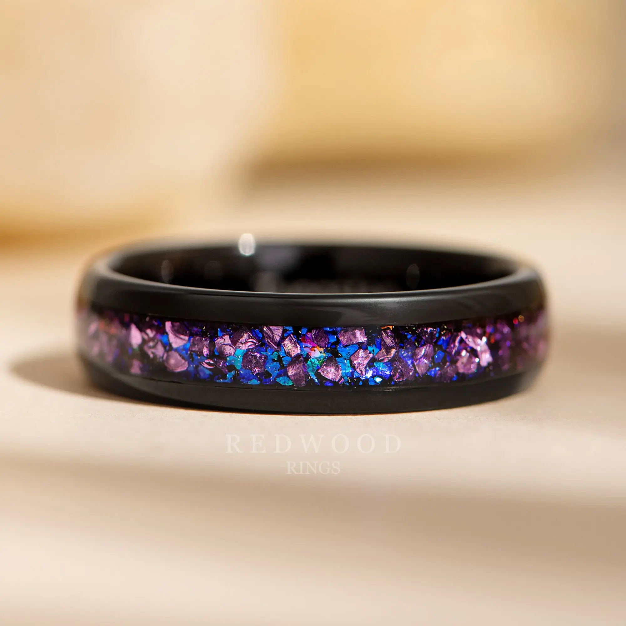Black Tungsten Ring With Purple Lab-Created Alexandrite Inlay - 6MM