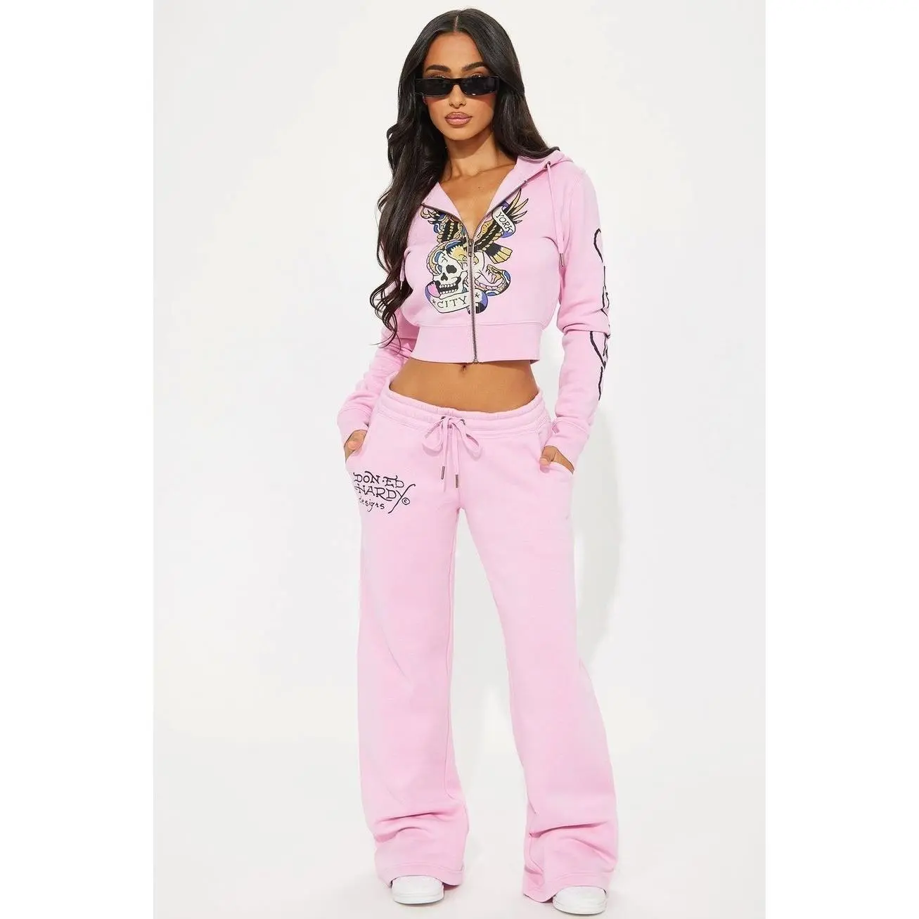 Women's Ed Hardy Flying Skull Graphic Sweatshirt & Straight Bottoms Garment Set - Pink, Size 4
