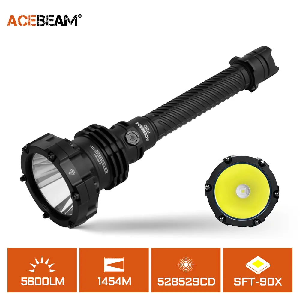 ACEBEAM P20 High-End Professional Super Bright Light Tactical Flashlight - 5500 Lumens, 1400 yd Beam, CNC Machined, Strong, Lithium Ion Battery, USB Port, Vehicle Emergency Use for Adults (Black - SFT-90X LED)