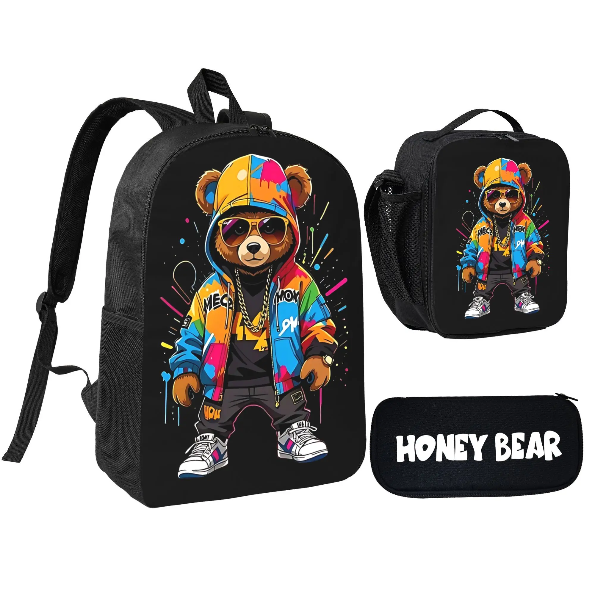Honey Bear Lightweight Cartoon Bear Backpack & Lunch Bag Set for Youth with Adjustable Straps & Vibrant Print Design for School & Outdoor Activities, Christmas Gift