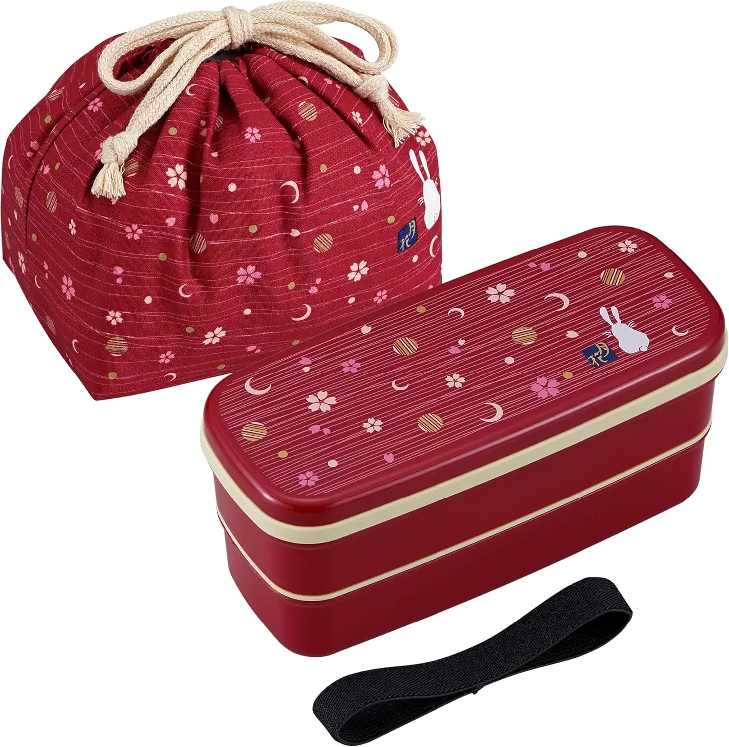 Japanese Traditional Rabbit Moon Bento Box Set, PW-28C Renewal Version, Microwave-safe, Dishwasher-safe, Chopsticks, Bento Bag, Red