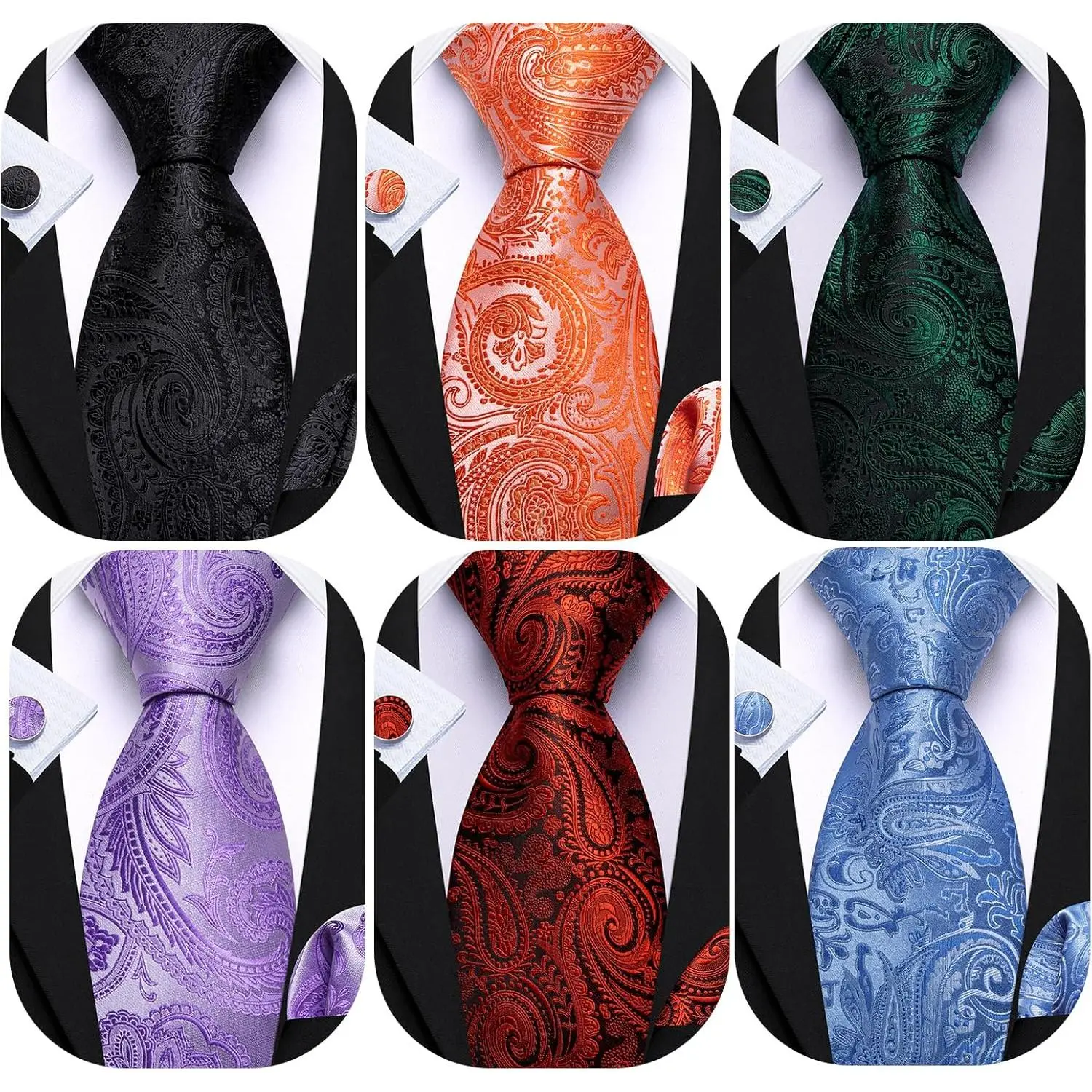 Men's 6-PCS Silk Necktie Set with Handkerchief & Cufflinks - Bold Pattern, Colorful Style, Designer Print Woven Ties for Business, Wedding, Party, Bold Pattern Neckties, Colorful Style Neckties