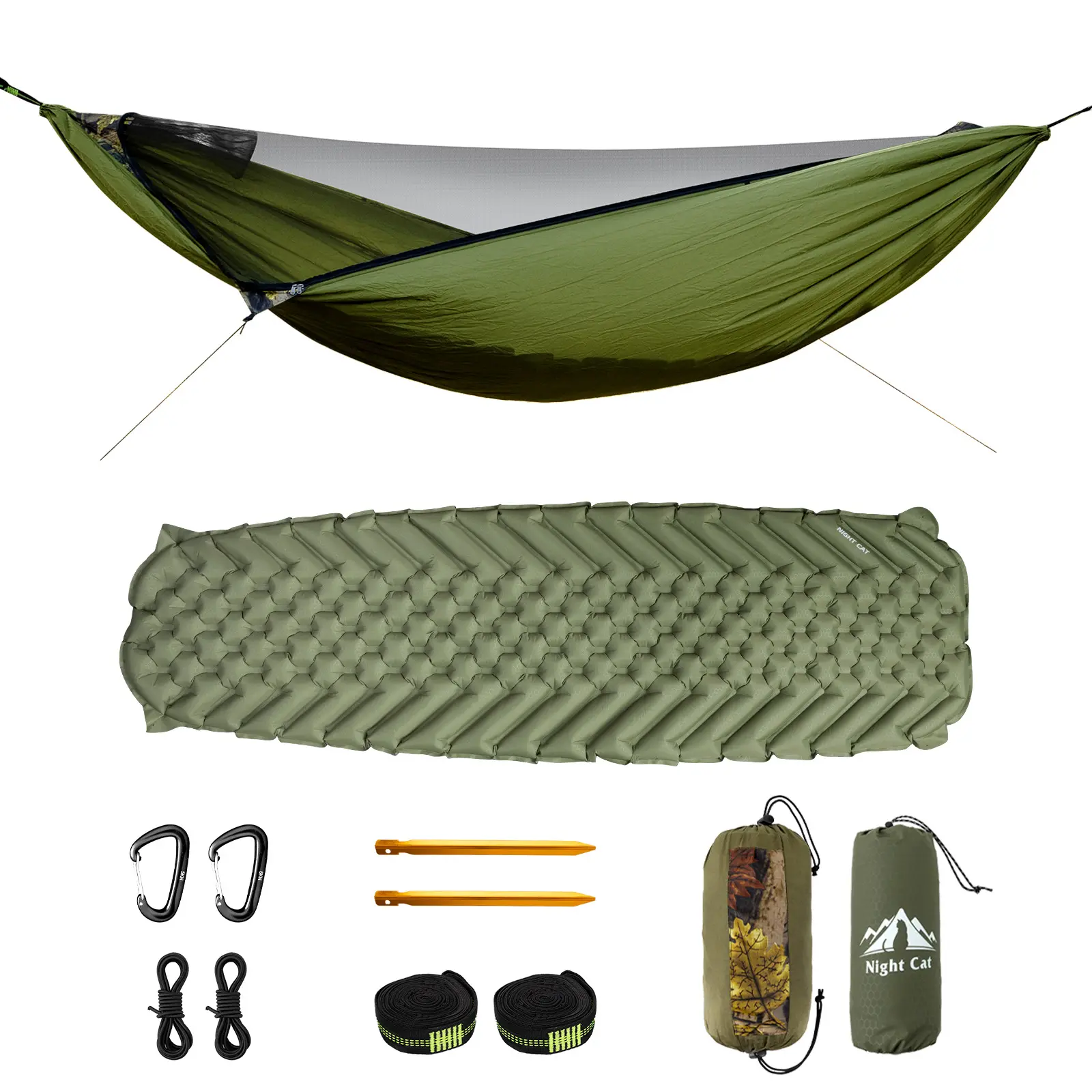 Night Cat Polyester Travel Hammock Kit for Outdoor Camping - 11ft Oversized, Comfortable & Spacious, Easy 1-Min Setup, Portable Durable Nylon, Detachable Bug Protection Mesh, Sleeping Pad, 330 lbs Capacity, 11.4x8.3x3.9in Storage, 12-Month Solo Warranty