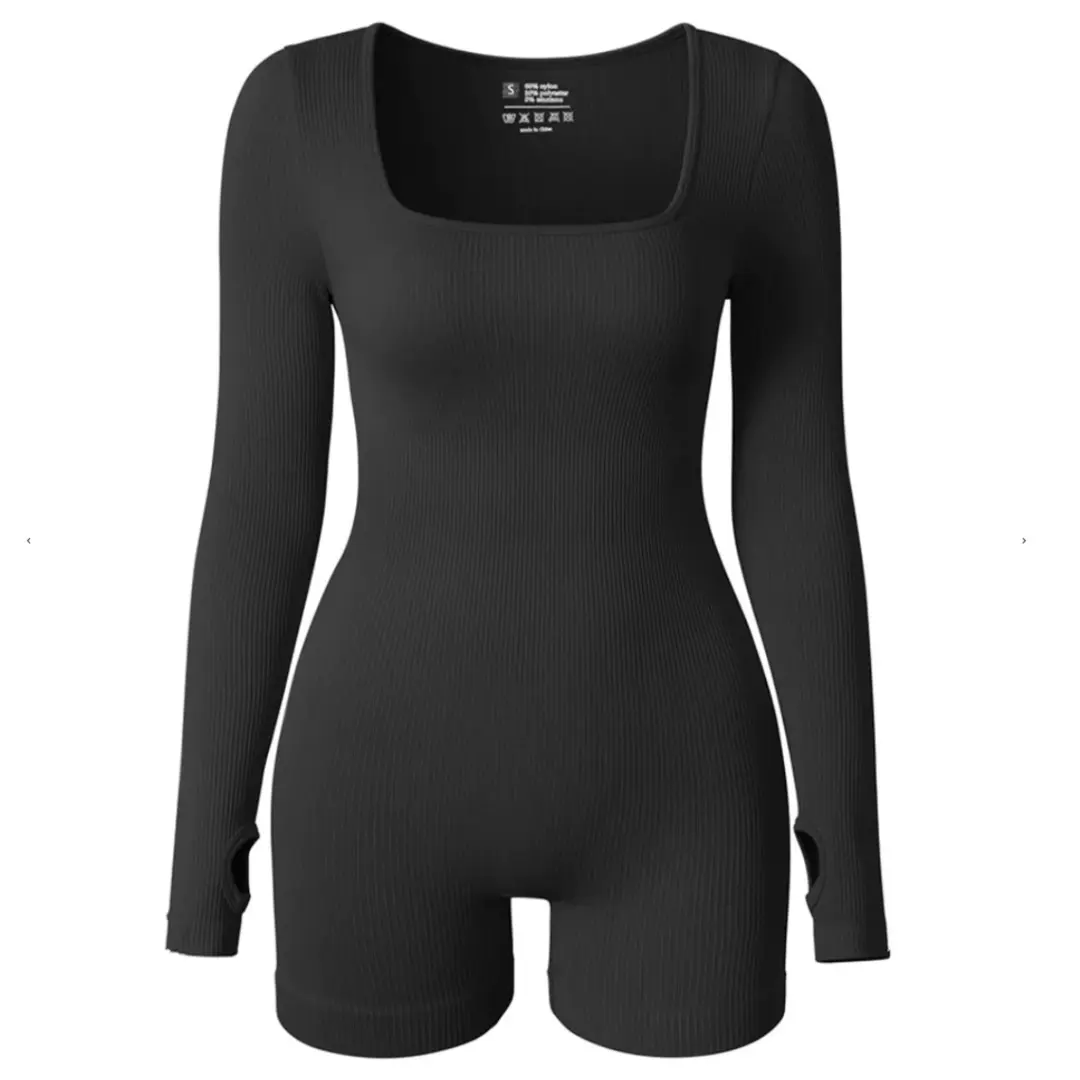 Long Sleeve Ribbed Sculpting Romper Shorts Fit Nylon black jumpsuit