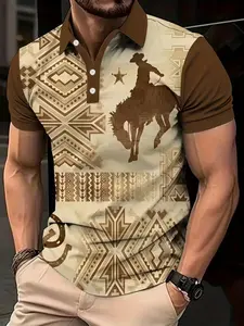 Men's Short Sleeve Fitted Polo Shirt, Casual Printed Polo for Daily Wear, Outdoor Travel, Perfect Gift for Boyfriend