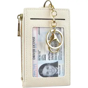Women Leather RFID Blocking Card Holder Slim Small Zipper Keychain Front Pocket Wallet with 2 ID Window,