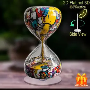 2D flat, 1 rotating acrylic hourglass with graffiti style color changing sand -2D flat modern hourglass suitable for home/office, 360 ° rotating top timer, adult unique gift (graffiti art timer, non-traditional hourglass)