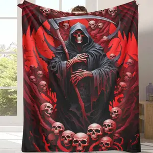 Grim Reaper Flannel Blanket, Skull Print Pattern, UltraSoft, Warm, Lightweight, AntiFade, Perfect for Halloween Decor, Gothic Home Decor, Dark Art Enthusiasts, Dorm Room Essential, Living Room Sofa, Gifts for Horror Movie Fans