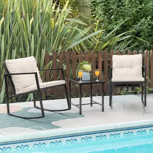 HOMALL 3 Pieces Rocking Wicker Bistro Set, Patio Outdoor Furniture Conversation Sets with Porch Chairs and Glass Coffee Table