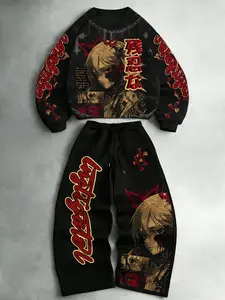 Japanese Dark Anime Print with Fitted Crop Top and Wide Leg Pants, Casual Fall and Winter Set for Anime Fans and Trendsetters