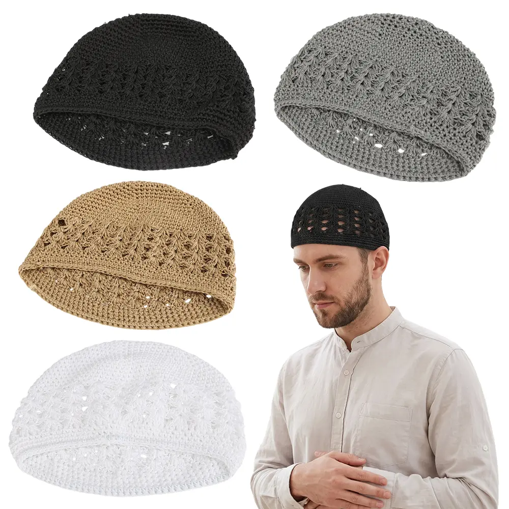 4-Pack Knitted Kufi Hats - Solid Colors, Stretchy Beanie Skull Caps, Crochet Mesh, Knit Fabric for Men Casual Wear