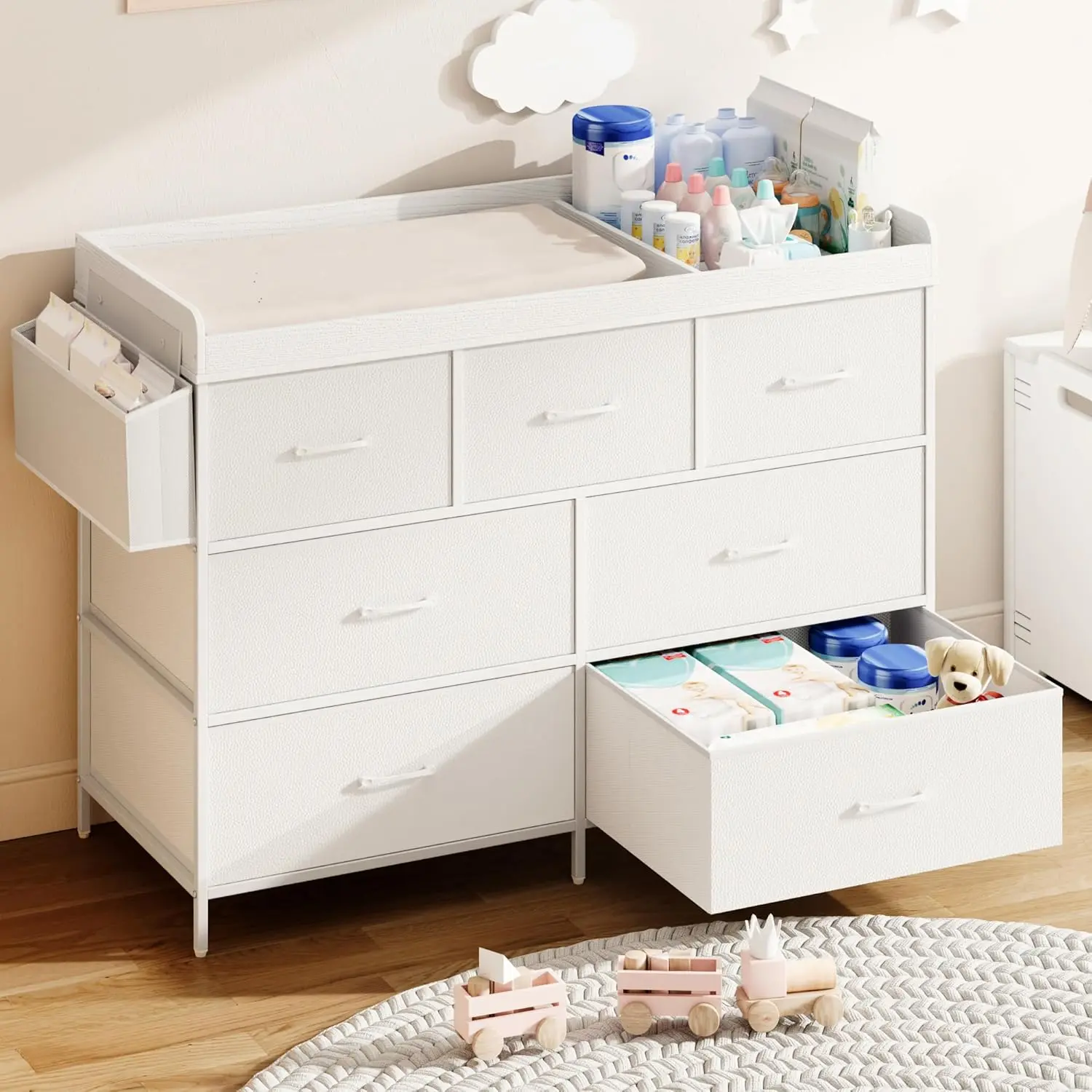 Baby Changing Table, Multi-Functional Baby Dresser with Changing Table Top, Waterproof Baby Changing Station with 7 Fabric Storage Drawers, Modern Nursery Dresser for Bedroom (White/Black)