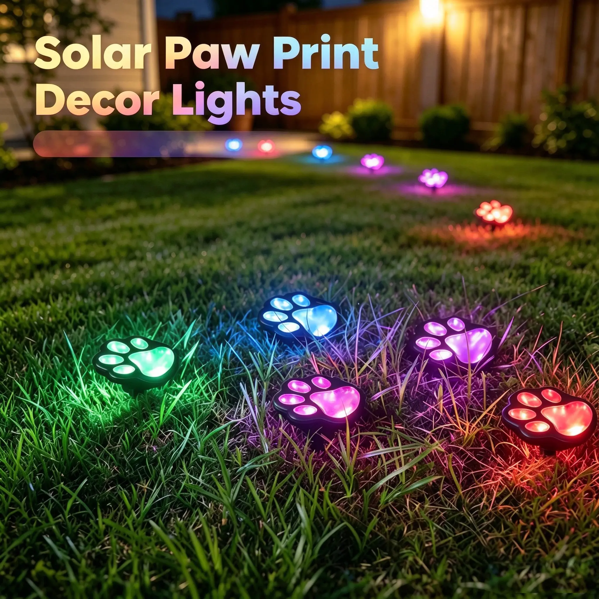 Solar Paw Print Yard Stake Lights, IP65 Waterproof LED Lights with Warm White & Multi Color Modes, Photocell Auto On-Off, Easy to Install, for Outdoor Garden, Patio & Holiday Landscape Decorations